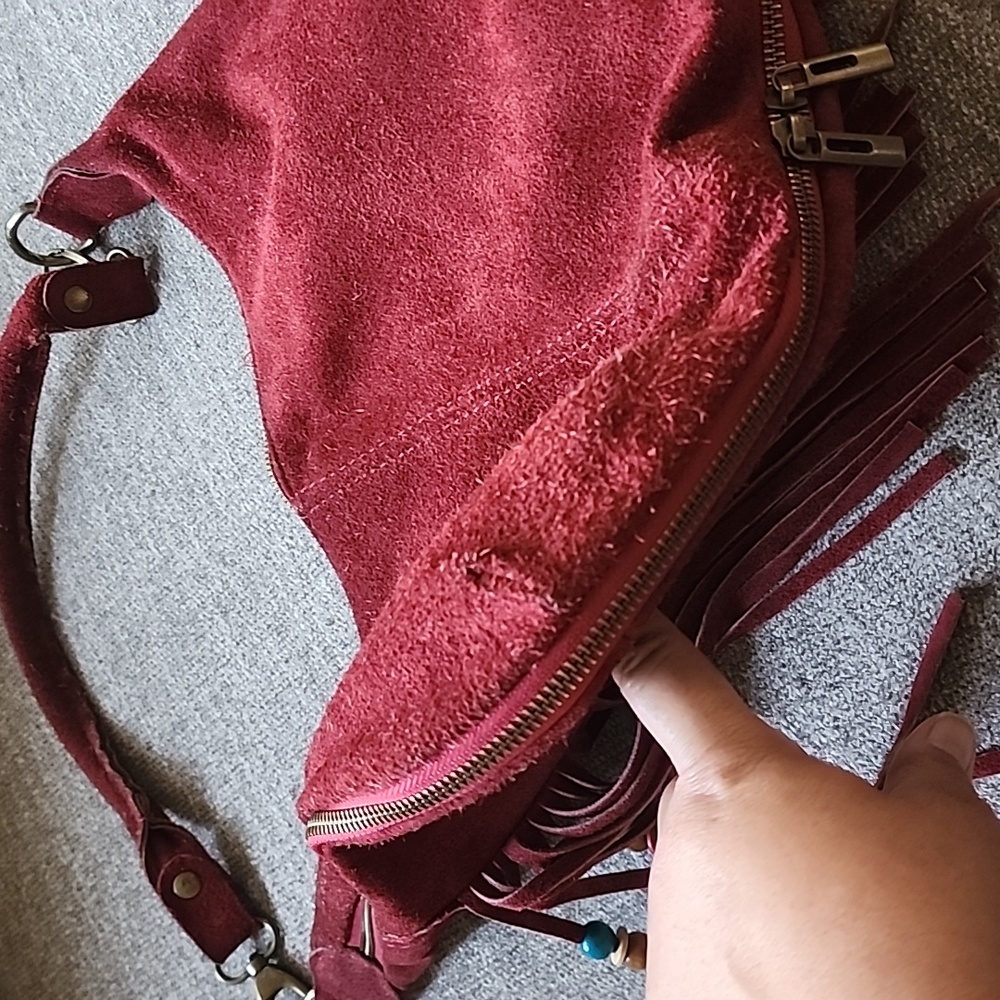 Italian Made Red Suede Leather Boho Fringe Hobo Bag | Beaded Tassels - Picture 6 of 16